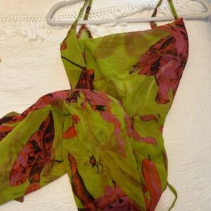 PrettyLittleThing Green and Pink Strapless Dress